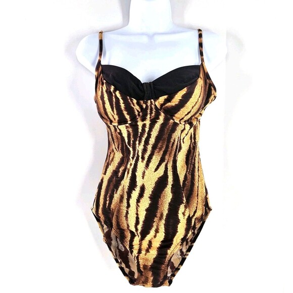 Vtg Cazimi 80s 1 Piece Halter Top Bikini Cut Leopard Animal Print Black Brown M - Picture 9 of 13